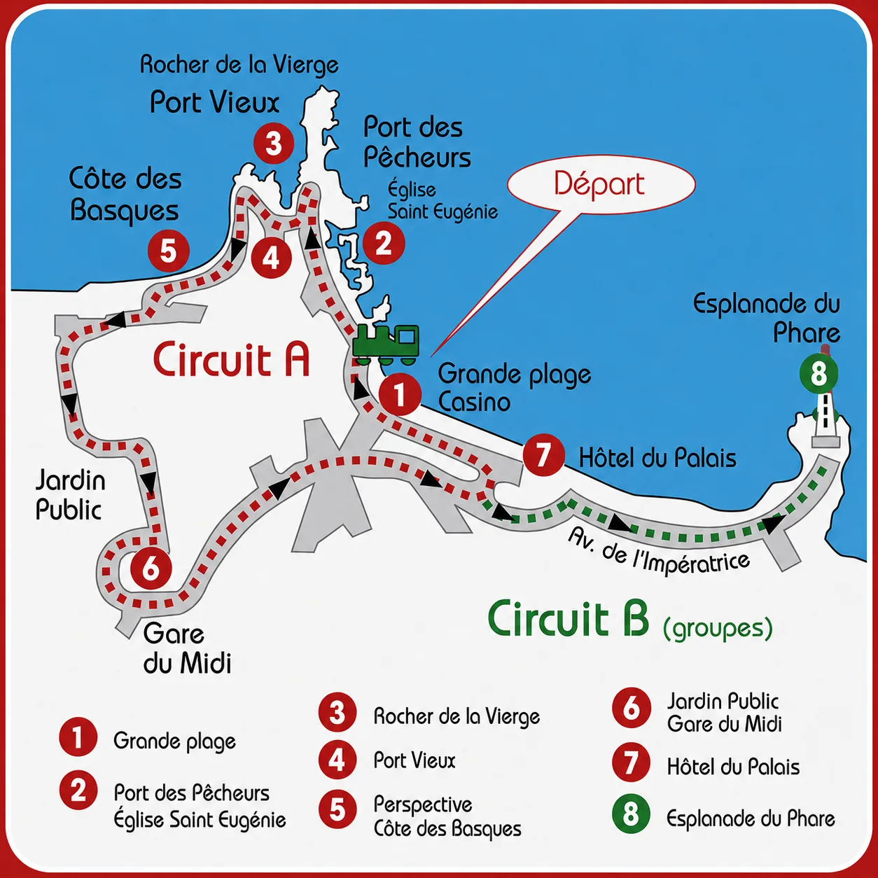 Kaart met twee routes, Circuit A en Circuit B, met genummerde bezienswaardigheden waaronder Grande Plage, Port des Pêcheurs, Rocher de la Vierge, Port Vieux, Côte des Basques, Jardin Public, Gare du Midi, Hôtel du Palais en Esplanade du Phare.