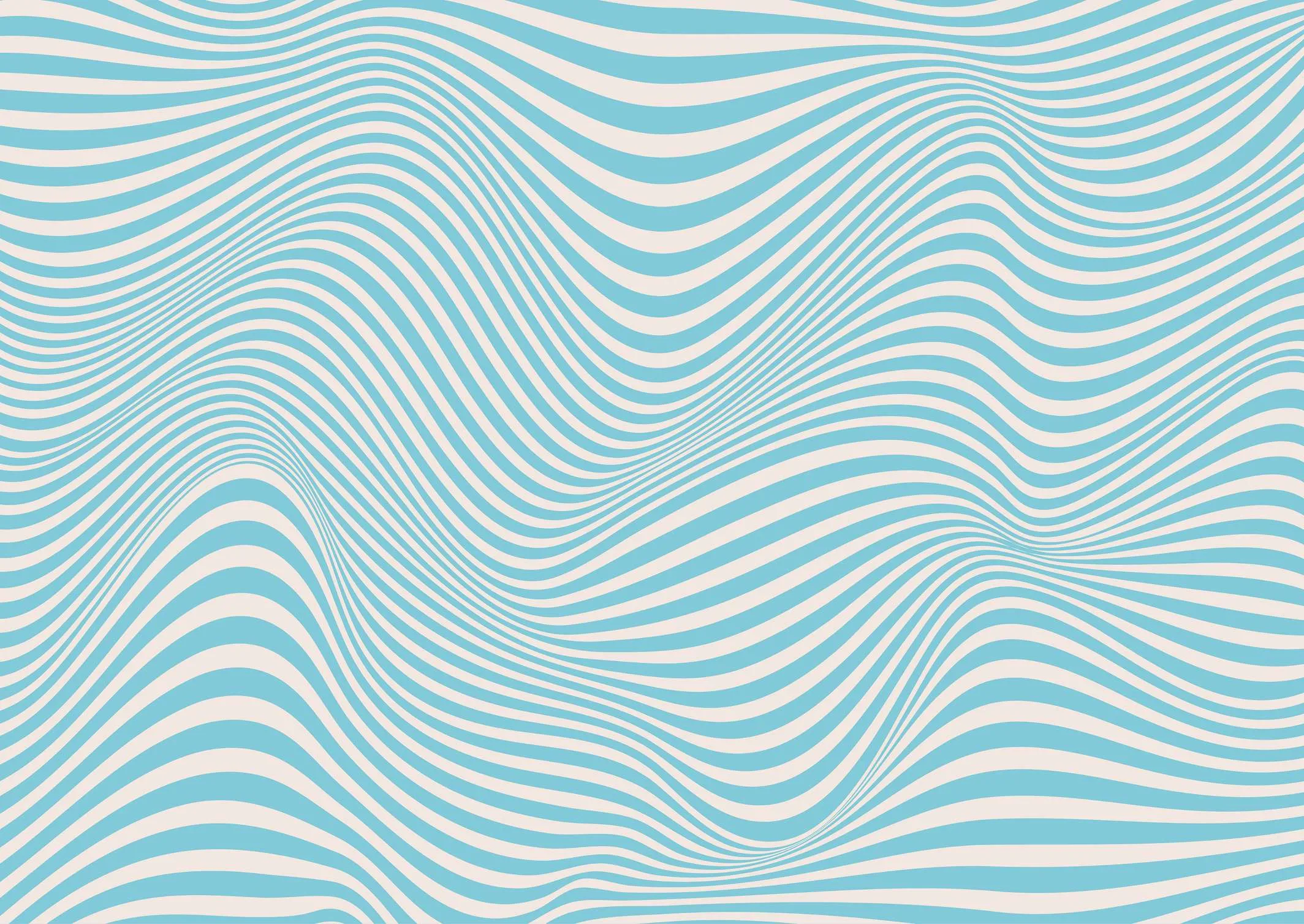 Abstract golvend patroon met lichtblauwe en gebroken witte strepen dat een optische illusie van stromende golven creëert.