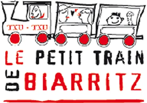 Handgetekend logo van Le Petit Train de Biarritz met een treintje met rode wielen en passagiers erin.