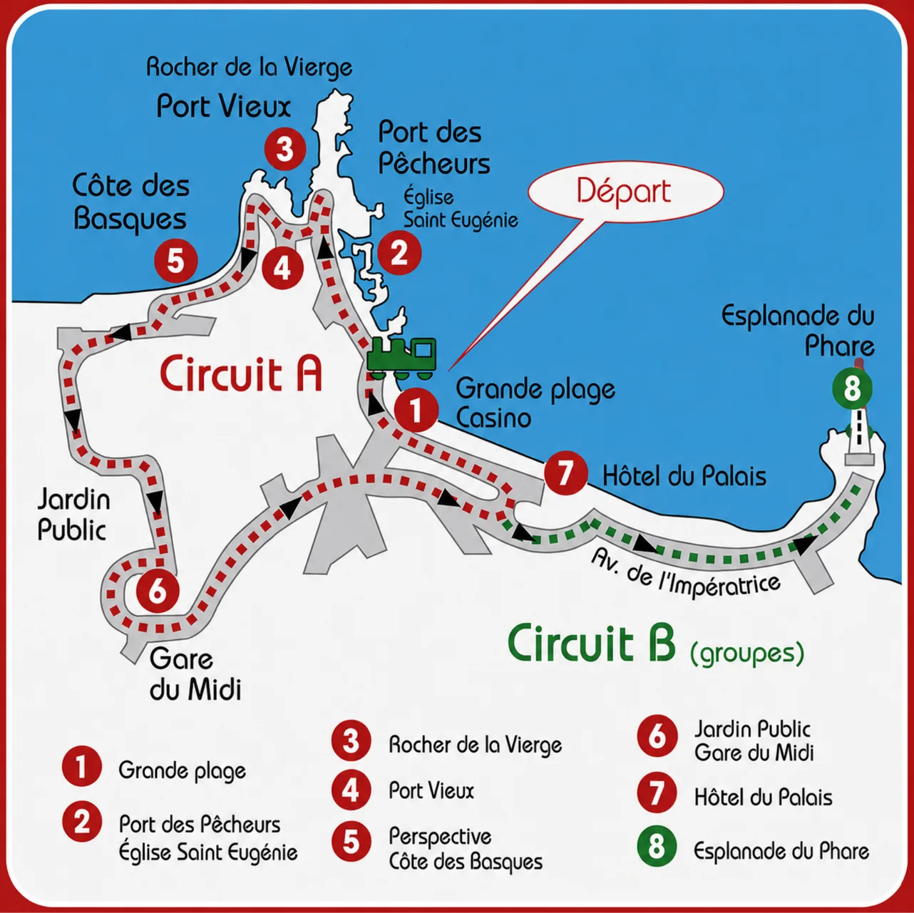 Kaart met twee routes, Circuit A in het rood langs Grande Plage, Port des Pêcheurs, Rocher de la Vierge, Port Vieux, Côte des Basques, Jardin Public, Gare du Midi en Hôtel du Palais, en Circuit B voor groepen in het groen langs de Av. de l'Impératrice tot de vuurtoren Esplanade du Phare.
