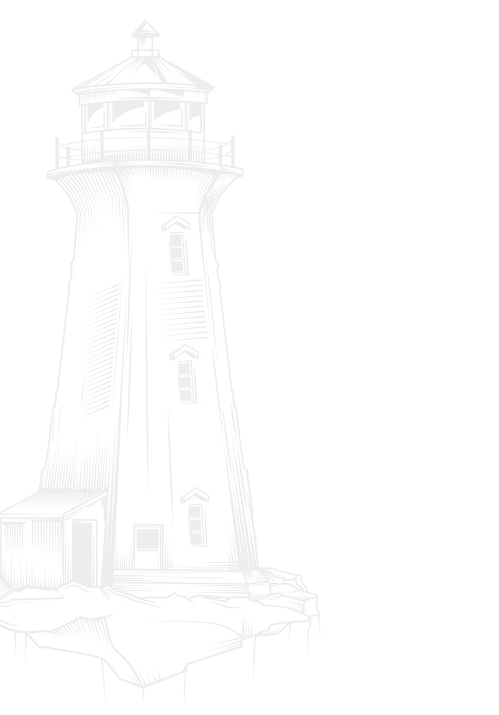 Zwart-witillustratie van een oude vuurtoren op rotsachtige grond met een klein gebouw aan de voet.