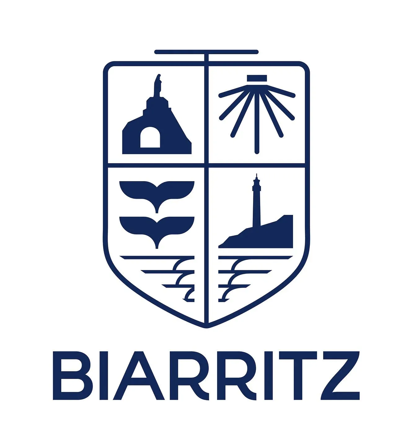 Blauw wapenschildlogo verdeeld in vier delen met een standbeeld op een heuvel, een gestileerde zon met stralen, twee walvisstaarten en een vuurtoren op een klif, met daaronder het woord Biarritz.